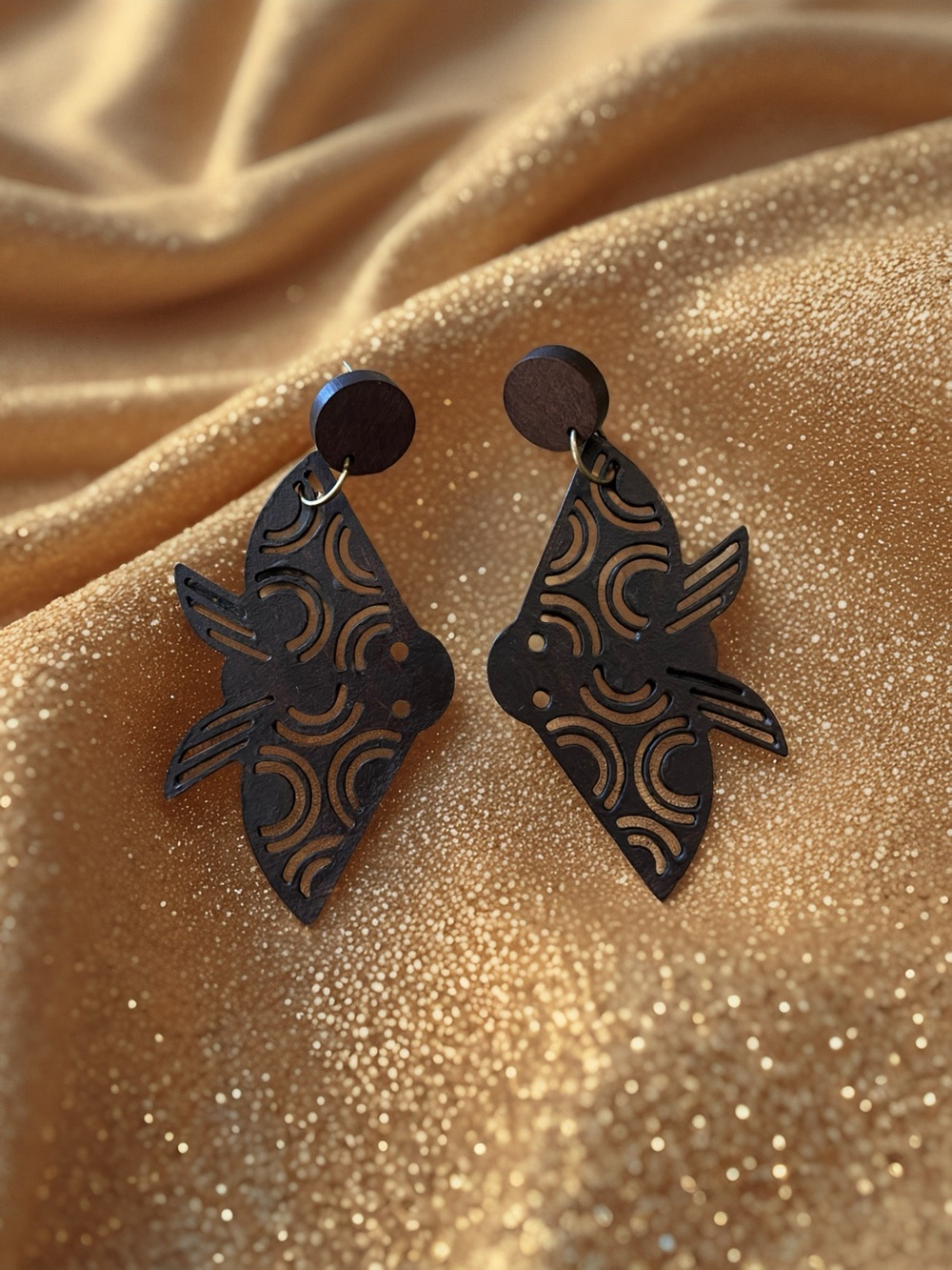 Boho Brown Wood Moth Drop Earrings with Cutout Pattern